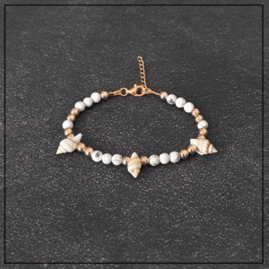 bransoletka bialo zlota kamienie muszle rose