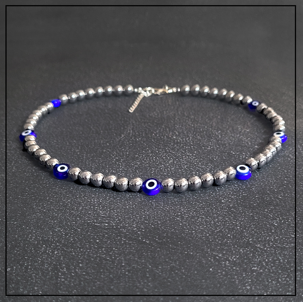 Naszyjnik evil eye srebrny hematyt granatowa Naszyjnik evil eye srebrny hematyt granatowa