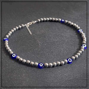Naszyjnik evil eye srebrny hematyt granatowa