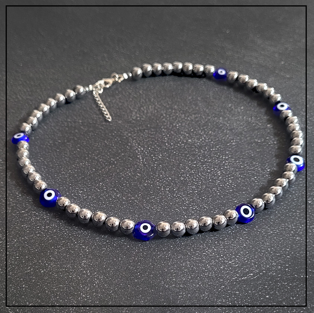 Naszyjnik evil eye srebrny hematyt granatowa Naszyjnik evil eye srebrny hematyt granatowa