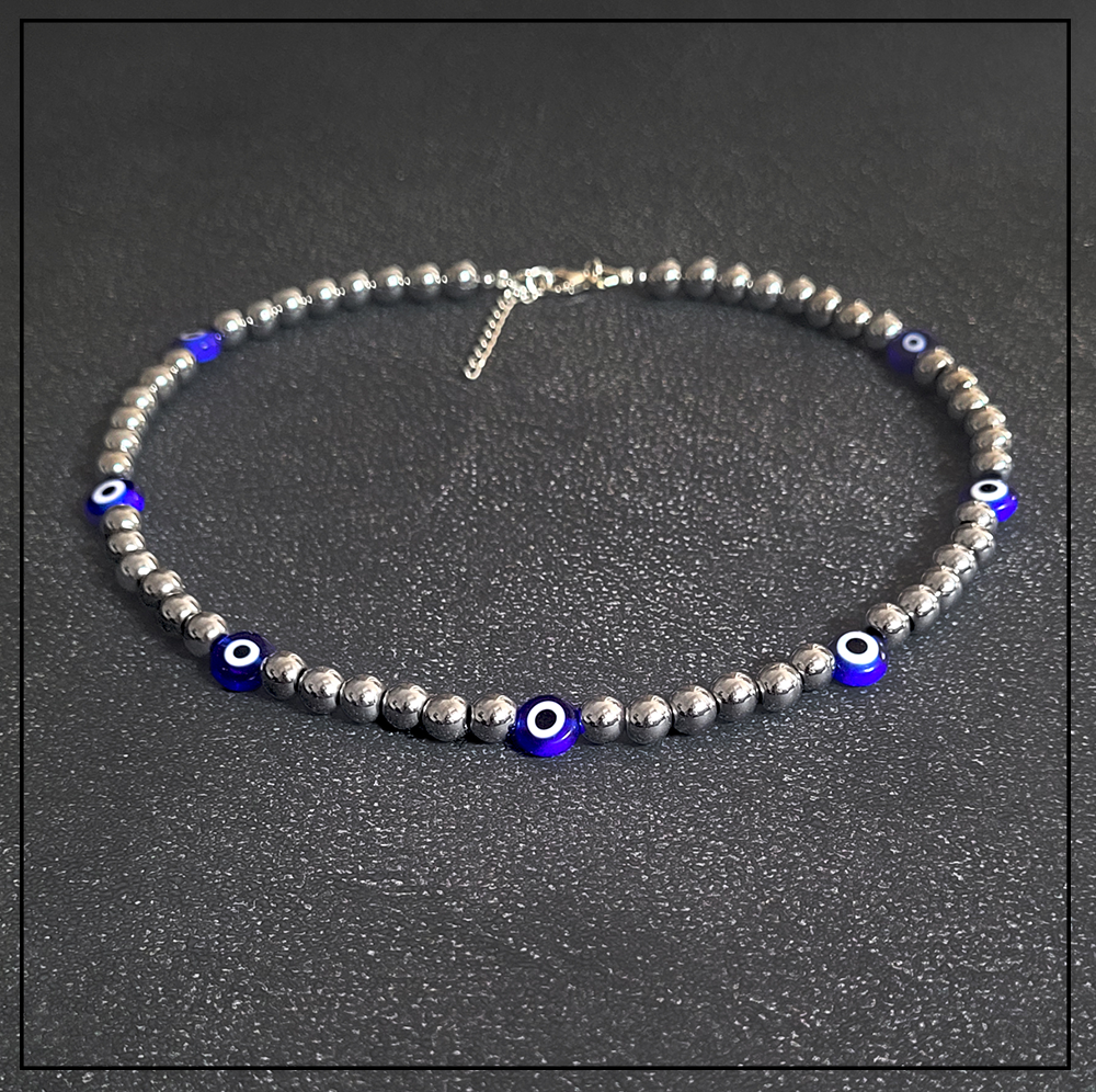 Naszyjnik evil eye srebrny hematyt granatowa Naszyjnik evil eye srebrny hematyt granatowa