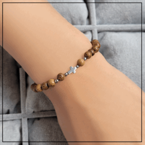 bransoletka rozaniec drewno srebrna mala