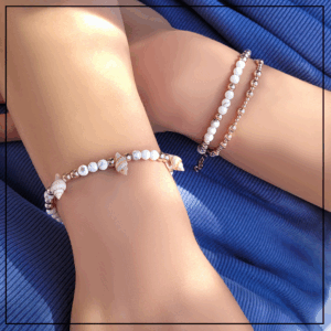 bransoletka bialo zlota kamienie muszle rose