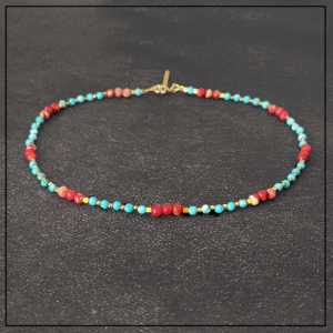 naszyjnik turkusowy magnezyt czerwony jaspis gold