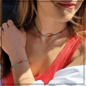 naszyjnik turkusowy magnezyt czerwony jaspis gold