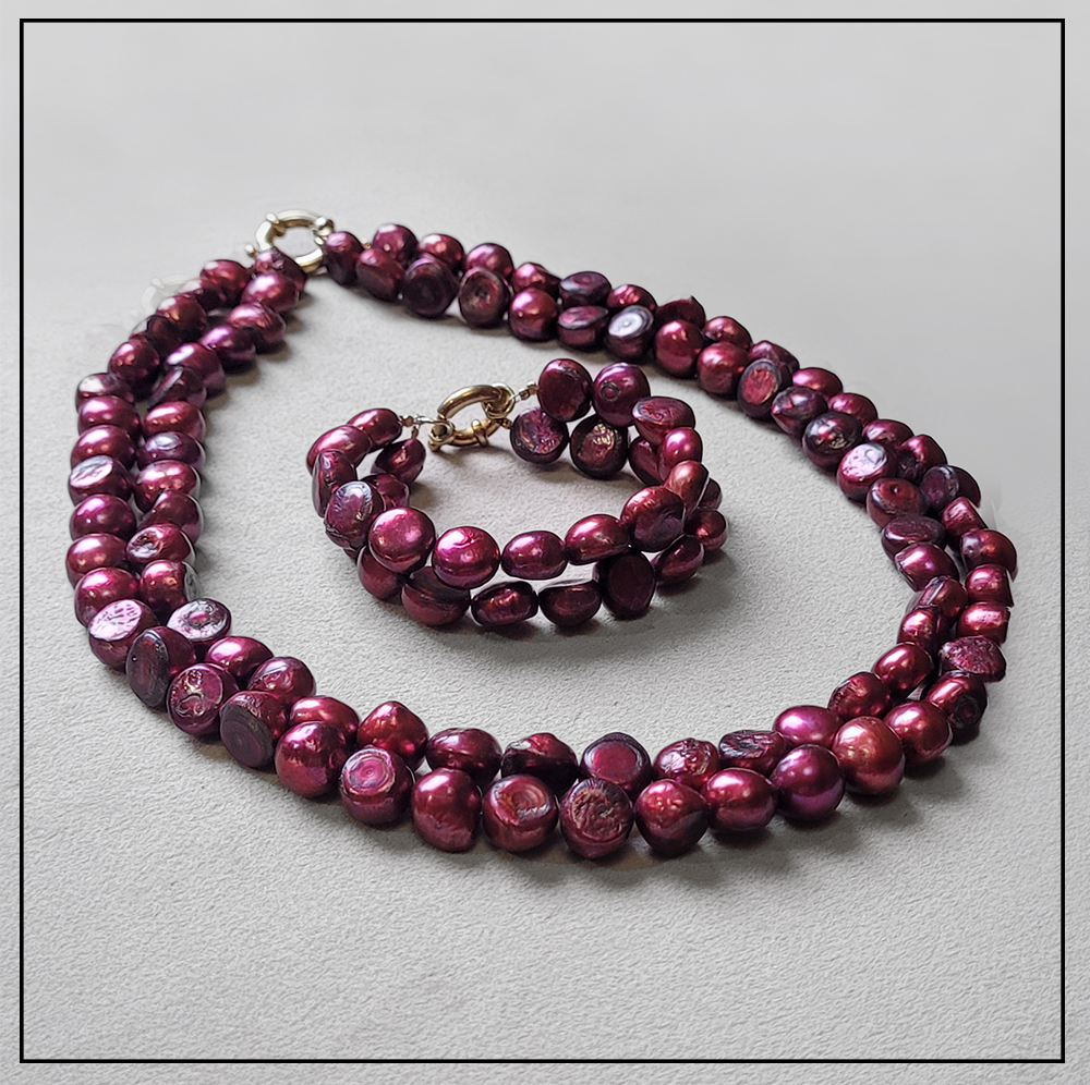 Komplet z burgundowej perly srebro 925 Komplet z burgundowej perly srebro 925