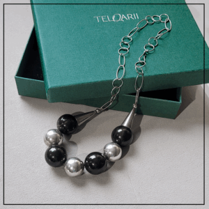 naszyjnik obsydian kule srebro925