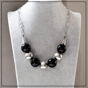 naszyjnik obsydian kule srebro925